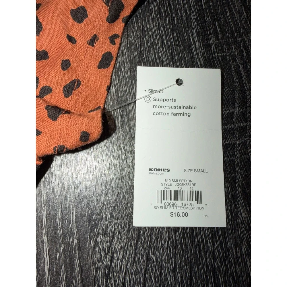 SO Favorite Slim Tee Orange Black Animal Print Scoop Neck Short Sleeve Small NEW - Picture 3 of 3